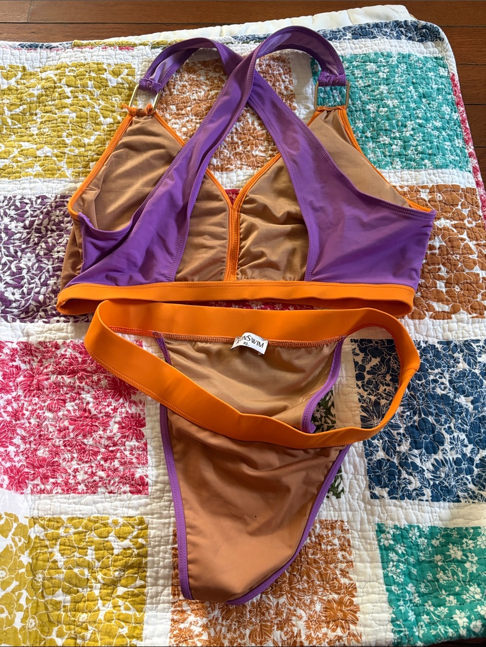 Colorblock Brown & Orange Beautiful, well made Two-Piece Bikini with Purple Trim - Picture 2 of 3